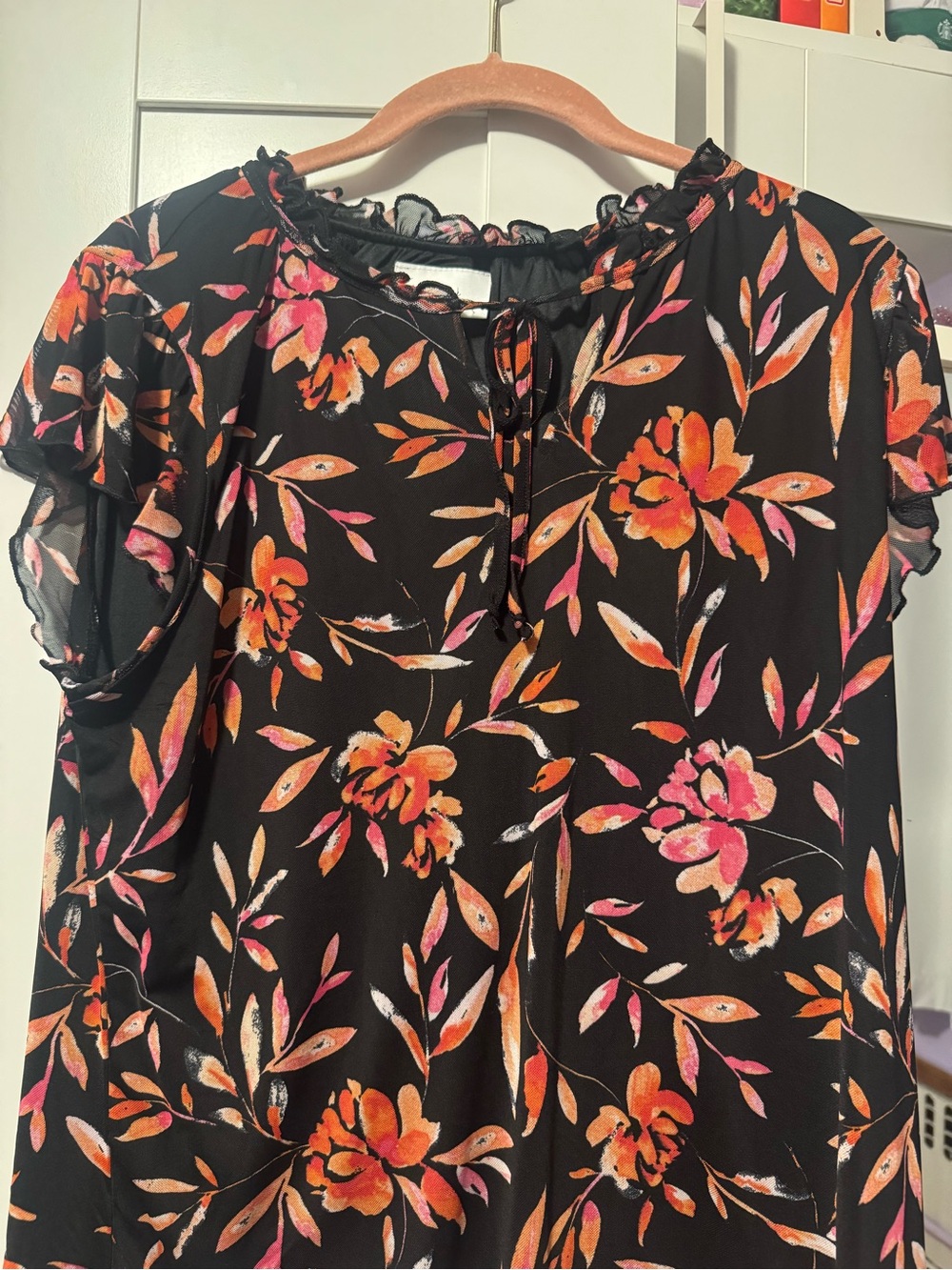 Morgan Taylor Black Blouse with Orange and Pink Floral Tie